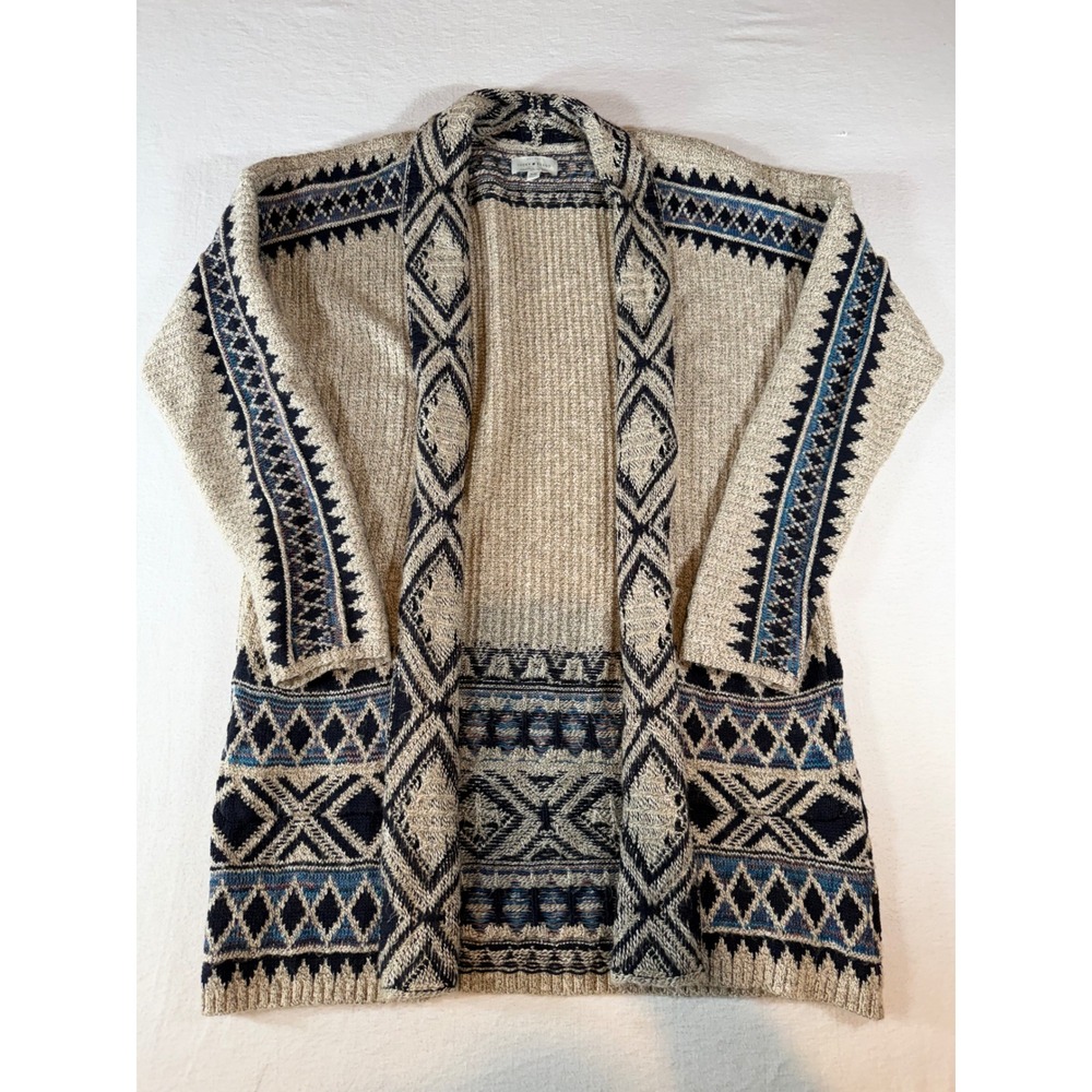 Lucky Brand Womens M Southwestern Geometric Open Front Cardigan Sweater Beige